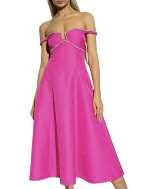 Self-Portrait $555 Pink Diamante Pockets Midi Dress Rhinestone Off Shoulder Sz 6
